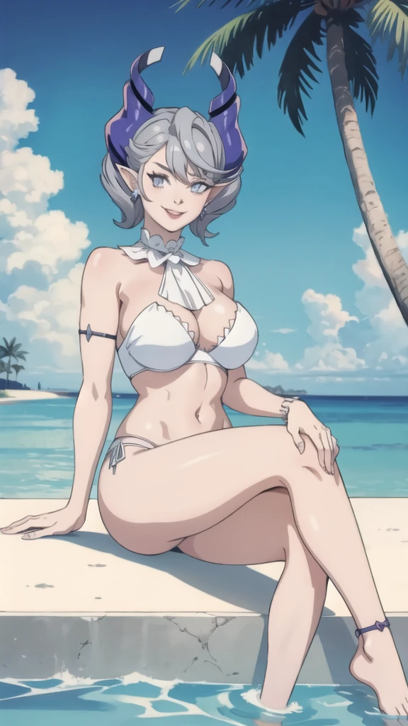 High level image quality best image quality 8K adult woman pool party sunset palm trees whole body view portrait bikini horn ears short hair((shortcut)(gray hair)(perm)(fluffy)) eye color is blue , attractive evil face , smile , sexy pose , labrynth , barearm , wearing white shirt , sitting , crossed leg style in detailed , view foot arc , view from left