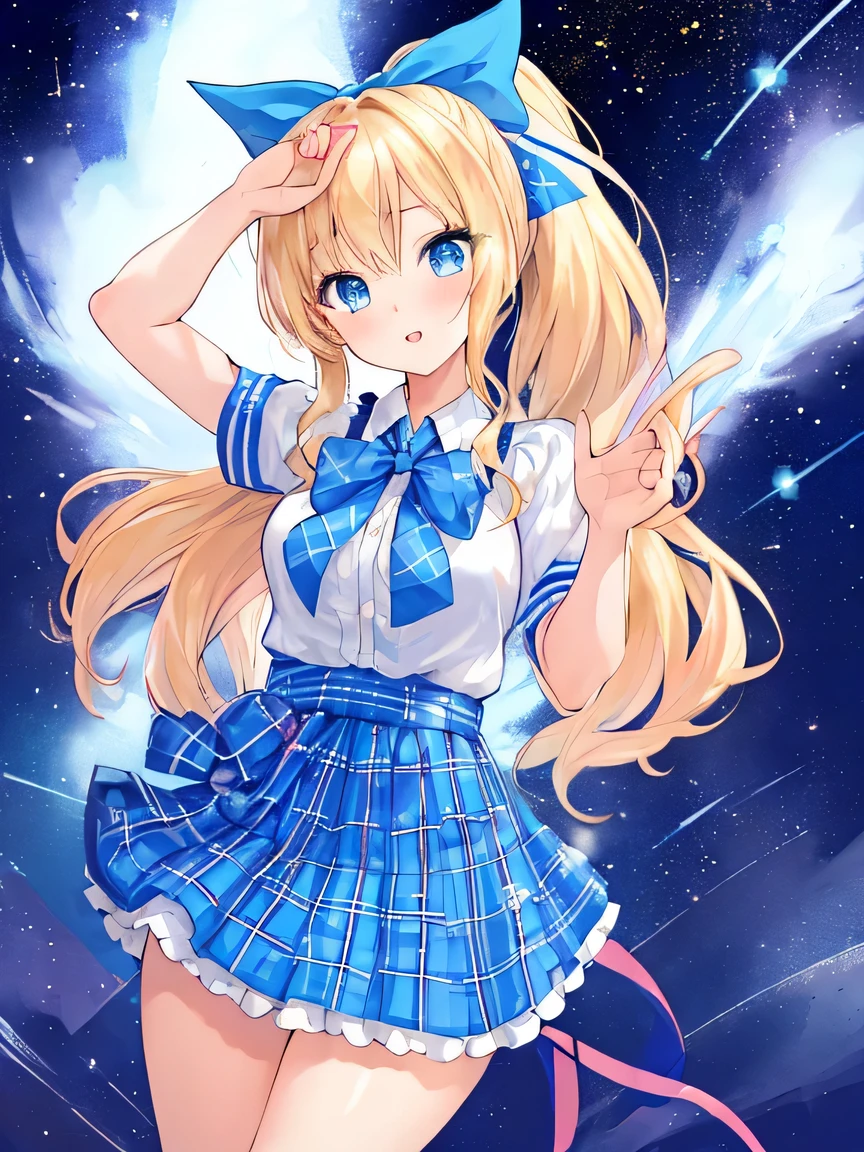 ((masterpiece)), ((best quality)), (ultra-detailed), ((kawaii)), cute, (lovely), illustration, anime style, full body, full body focus, a cute girl, solo, 1girl, Live performance venue, idol outfit, blond ponytail, big blue ribbon, tsundere, tight eyes, confident expression, a little bit gal, American girl, blue eyes, , Blonde hair, tied on one side of the head, hanging down loosely with a large blue ribbon at the knot. A faint stardust effect emanating from the hair. A tsundere personality with a confident and bold expression. Eyes like shining jewels, blue in color. Slightly gal-style, an American girl. (Tartan plaid ribbon:1.3).