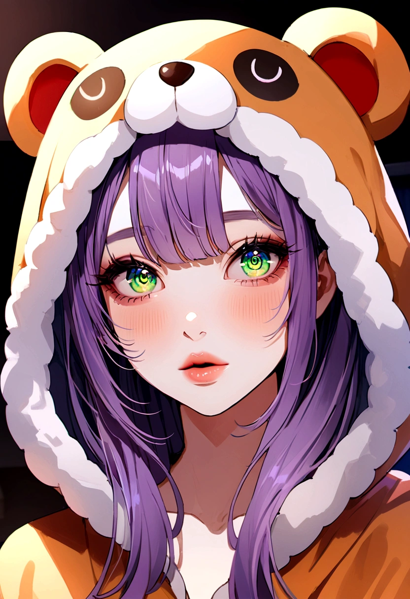 S360_XxlaynaMarie, (24 years old), long hair, purple hair, green eyes,modern photo, wearing (bear costume), (portrait), cute bear onesie pajamas, super soft plush fabric, fluffy hood, adorable bear hood, (35mm, F/2.8) Photo Focus, DOF, Aperture, insanely detailed and intricate, character, hypermaximalist, beautiful, revealing, appealing, attractive, amative, hyper realistic, super detailed, beautiful woman, ((detailed eyes)), long eyelashes, (glossy lips), in her bedroom, sfw