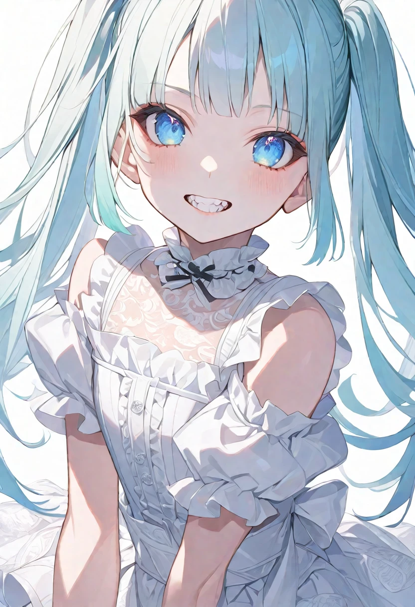 solo, handsome, Transparency,
1. Female,
Hime cut,Straight Hair, Twin tails, 
Light blue hair, 
Nakano Yotsuba,tooth,Double teeth,
Blue Eyes,Soft look,beautiful,beautiful,Sexy,
Darkness,White Lolita Fashion,Boar pattern,tooth,
skin,Alluring,Nihil,
White  background,