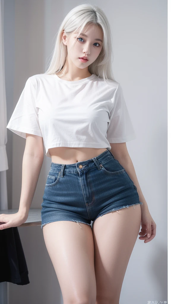 photorealistic, high resolution, 1 girl, white hair, korean, blue eyes, white shirt, skimpy tight black shorts, thick thighs