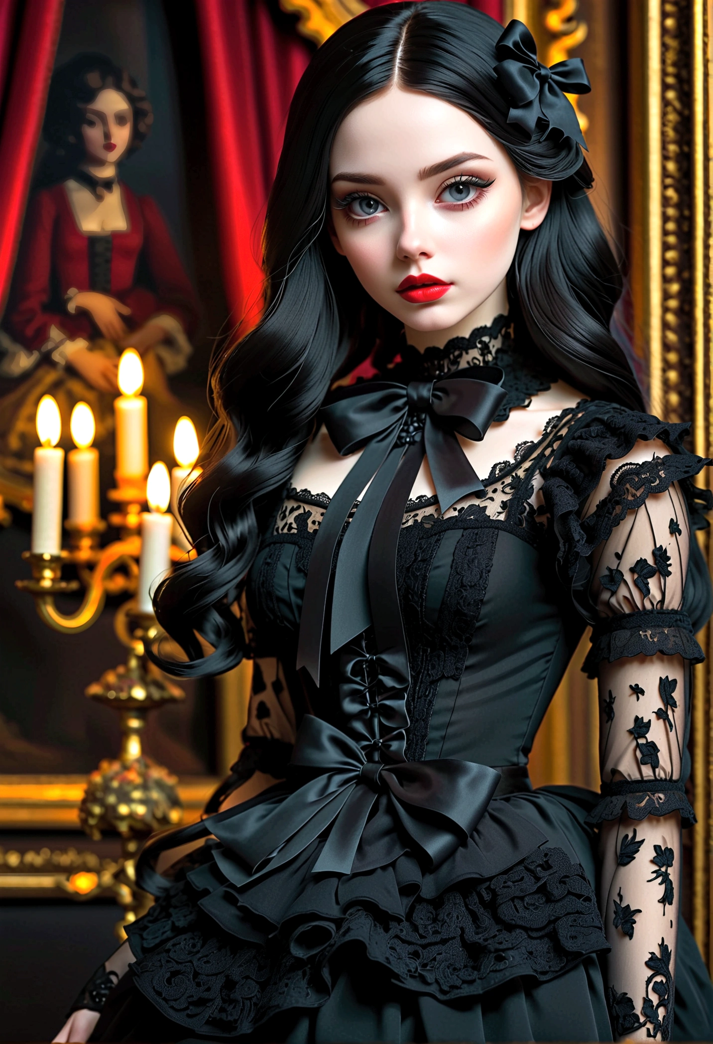 a gothic ta girl,pale skin,red lips,porcelain doll-like face,intricate black lace Evening Dress,(whole body),ruffles,bows,high collar,long black hair,haunting gaze,dark fairy tale,dramatic lighting,moody atmosphere,cinematic,highly detailed,masterpiece,photorealistic