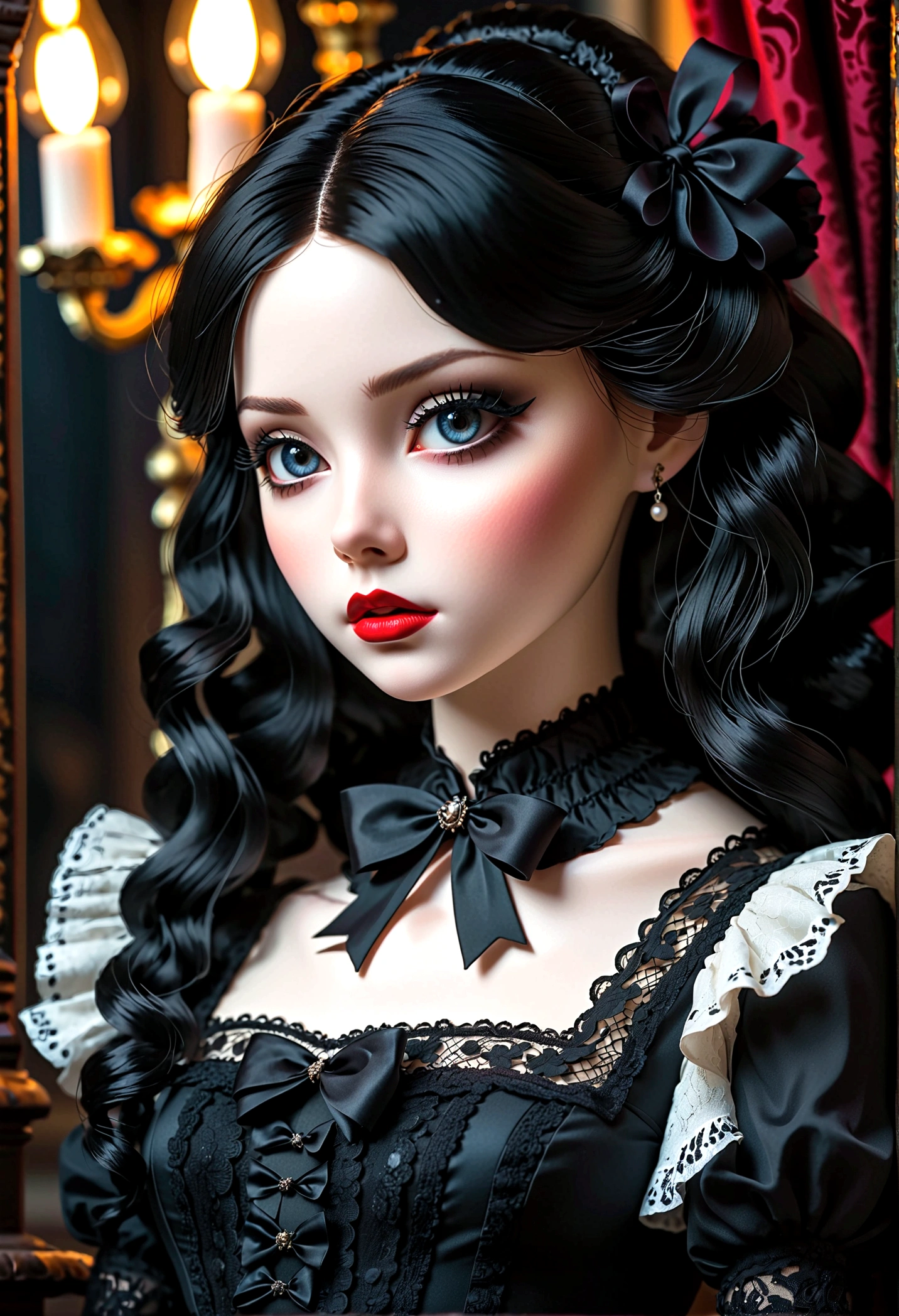 a gothic lolita girl,pale skin,red lips,porcelain doll-like face,intricate black lace Evening Dress,(whole body),ruffles,bows,high collar,long black hair,haunting gaze,dark fairy tale,dramatic lighting,moody atmosphere,cinematic,highly detailed,masterpiece,photorealistic