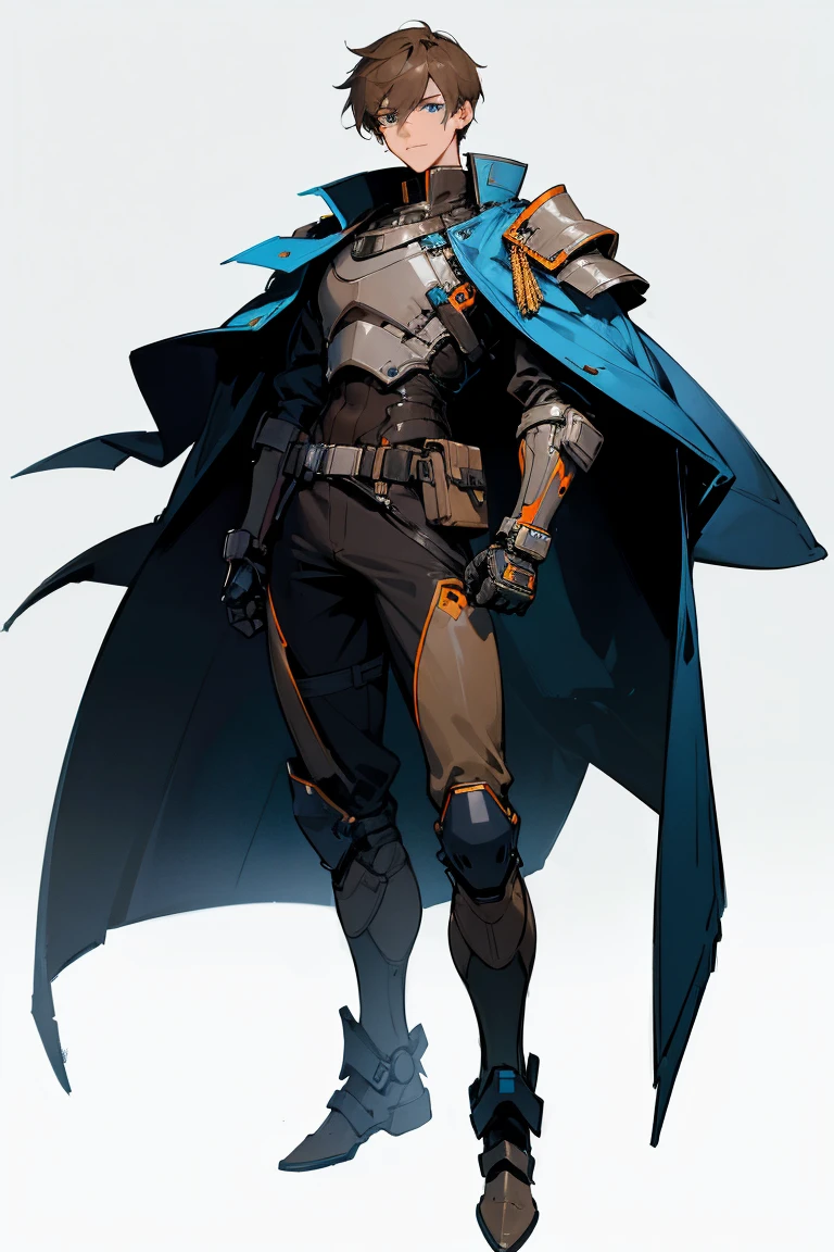 a handsome, tall, young man with blue eyes, brown short hair, wears a blue, black, white and orange lined cyberpunk soldier armor, he wears a brown combat jacket over, white background, armor pads, full body, arms crossed, sexy male armor