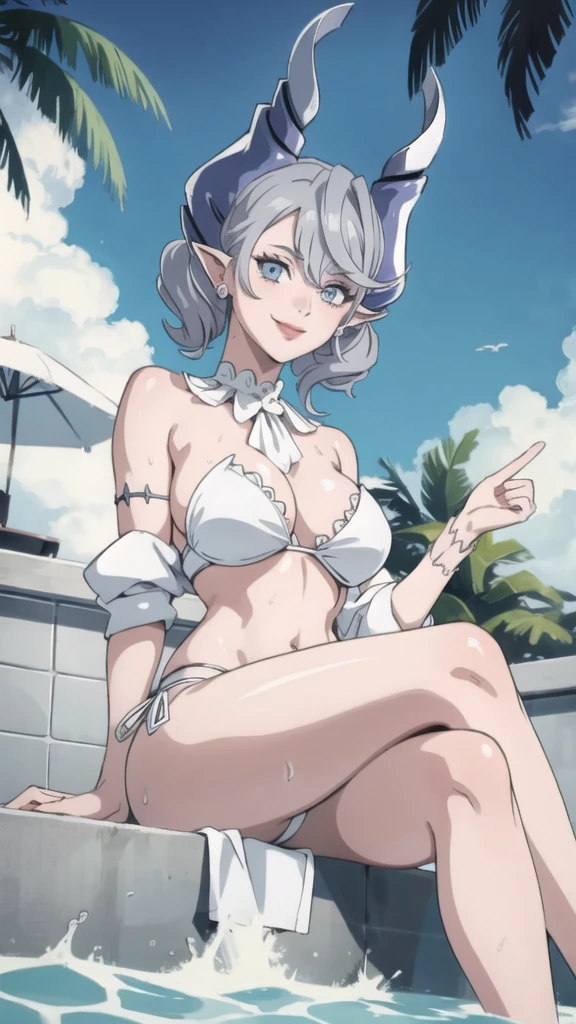 High level image quality best image quality 8K adult woman pool party rain palm trees more colors white body portrait bikini horn ears short hair((shortcut)(gray hair)(perm)(fluffy)) eye color is blue , , attractive evil face , smile , sexy pose , labrynth , barearm , wearing white shade shirt , sitting by the pool , crossed legs , all wet , view from below