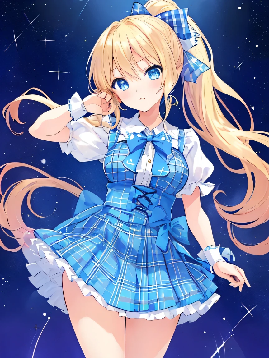 ((masterpiece)), ((best quality)), (ultra-detailed), ((kawaii)), cute, (lovely), illustration, anime style, full body, full body focus, a cute girl, solo, 1girl, Live performance venue, idol outfit, blond ponytail, big blue ribbon, tsundere, tight eyes, confident expression, a little bit gal, American girl, blue eyes, age15, Blonde hair, tied on one side of the head, hanging down loosely with a large blue ribbon at the knot. A faint stardust effect emanating from the hair. A tsundere personality with a confident and bold expression. Eyes like shining jewels, blue in color. Slightly gal-style, an American girl. (Tartan plaid ribbon:1.3), short sleeves.