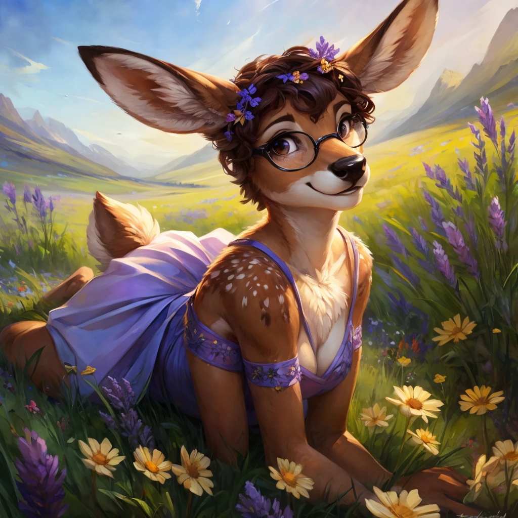 uploaded on e621, watercolor look, by Pixelsketcher, by Bayard Wu, by Thomas Benjamin Kennington , by Einshelm, by hioshiru and kenket, Chunie, portrait, solo anthro female deer doe, with small featureless breasts, clear dark blue, cinematic lighting, day, sunny day, lavender field, stays in a wildflowers field, wildflowers field background, mediterranean background, horizon background, shiny, short curly dark brown hair, wears big black nerd glasses, very very beautiful furry art, furry art, smiling, joyful, shiny, happy, feminine, cute face, muzzle, fluffy chest, flawless face, Fallow deer, 1girl, Sakimichan is beautiful, Masterpiece, Wavethesallow Face, shiny, Detailed image, portrait, Detailed image, portrait, full body, wears pure white short spaghetti straps dress, wears a wildflowers wreath, shiny, realistic face, perfect anatomy, hourglass body, (furry body:1.1), anthropomorphic deer, looks at the viewer, small fluffy tail, detailed background, (cute anatomy:1.1), stands in a wildflowers field
