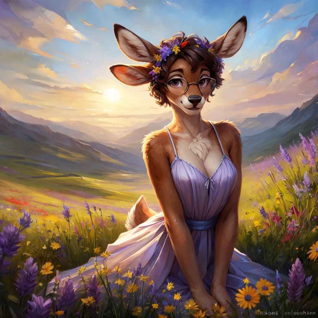 uploaded on e621, watercolor look, by Pixelsketcher, by Bayard Wu, by Thomas Benjamin Kennington , by Einshelm, by hioshiru and kenket, Chunie, portrait, solo anthro female deer doe, with small featureless breasts, clear dark blue, cinematic lighting, day, sunny day, lavender field, stays in a wildflowers field, wildflowers field background, mediterranean background, horizon background, shiny, short curly dark brown hair, wears big black nerd glasses, very very beautiful furry art, furry art, smiling, joyful, shiny, happy, feminine, cute face, muzzle, fluffy chest, flawless face, Fallow deer, 1girl, Sakimichan is beautiful, Masterpiece, Wavethesallow Face, shiny, Detailed image, portrait, Detailed image, portrait, full body, wears pure white short spaghetti straps dress, wears a wildflowers wreath, shiny, realistic face, perfect anatomy, hourglass body, (furry body:1.1), anthropomorphic deer, looks at the viewer, small fluffy tail, detailed background, (cute anatomy:1.1), stands in a wildflowers field
