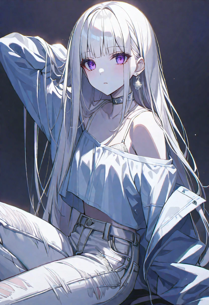 solo, handsome,
1. Female,
Hime cut,Straight Hair,long Hair,
White hair,
Nakano Yotsuba,
purple Eyes,Soft look,beautiful,beautiful,Sexy,Darkness,Lots of silver earrings,choker,
White Off Shoulder,White Distressed jeans,Bra,
White skin,
black background,