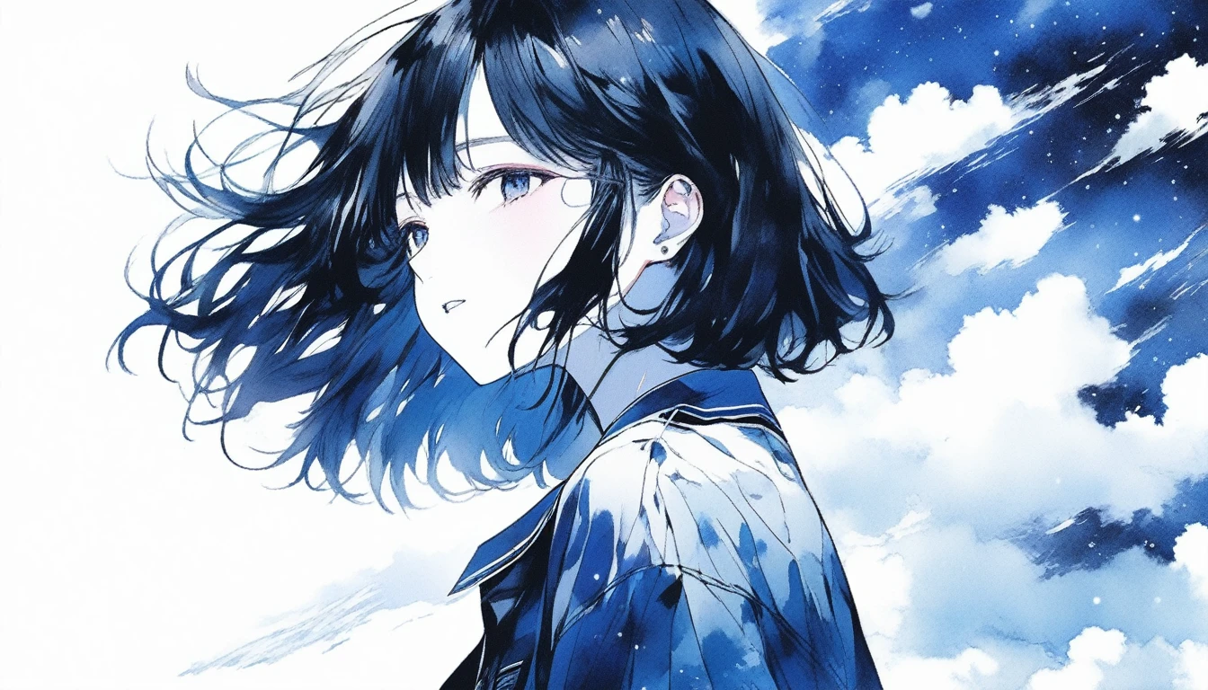 Illustrator, anime , Realistic ,sketch , Abstract moonlight background、、Body、1 girl, ,Looking up at the sky, I scream、lip, 首にblackチョーカーWear, order, White gradient background, Kuro Hair,Short Bob、blacktSpace in a shirt★、Textured Trim, Canadian, (masterpiece,Highest quality) Cancer