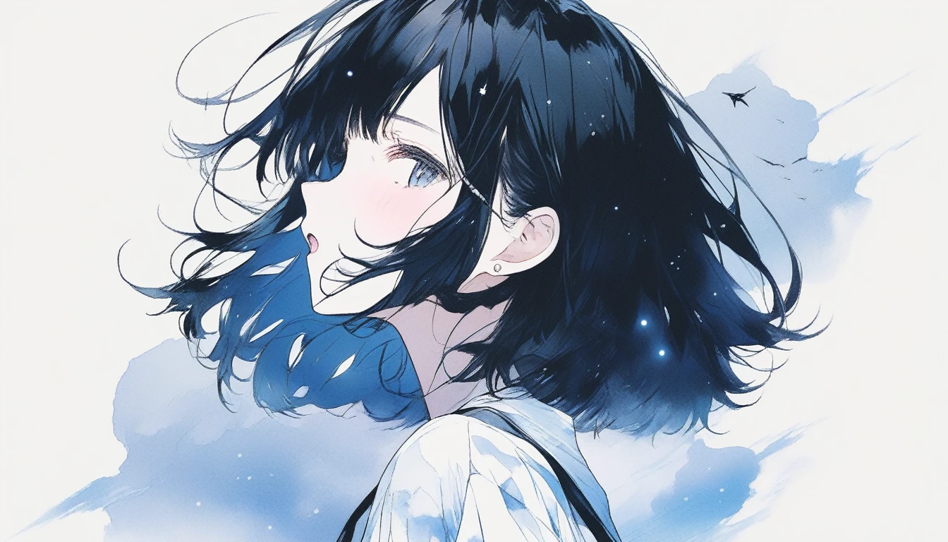 Illustrator, anime , Realistic ,sketch , Abstract moonlight background、、Body、1 girl, ,Looking up at the sky, I scream、lip, 首にblackﾁｮｰｶｰWear, order, White gradient background, Kuro Hair,Short Bob、blackｔSpace in a shirt★、Textured Trim, Canadian, (masterpiece,Highest quality) Cancer