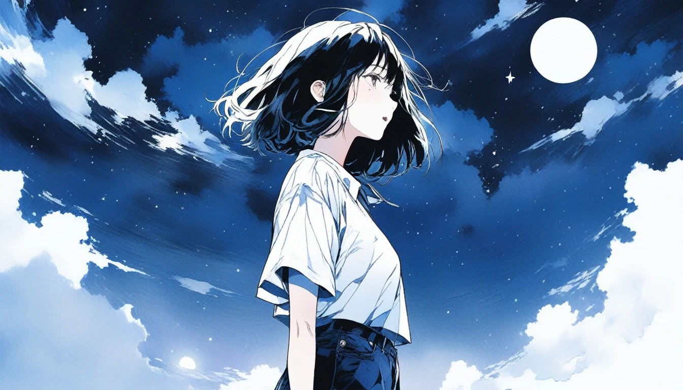 Illustrator, anime , Realistic ,sketch , Abstract moonlight background、、Body、1 girl, ,Looking up at the sky, I scream、lip, 首にblackチョーカーWear, order, White gradient background, Kuro Hair,Short Bob、blacktSpace in a shirt★、Textured Trim, Canadian, (masterpiece,Highest quality) Cancer