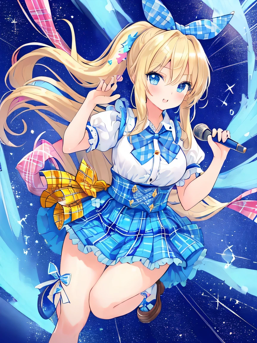 ((masterpiece)), ((best quality)), (ultra-detailed), ((kawaii)), cute, (lovely), illustration, anime style, full body, full body focus, a cute girl, solo, 1girl, Live performance venue, idol outfit, blond ponytail, big blue ribbon, tsundere, tight eyes, confident expression, a little bit gal, American girl, blue eyes, age15, Blonde hair, tied on one side of the head, hanging down loosely with a large blue ribbon at the knot. A faint stardust effect emanating from the hair. A tsundere personality with a confident and bold expression. Eyes like shining jewels, blue in color. Slightly gal-style, an American girl. (Tartan plaid ribbon:1.3), short sleeves.