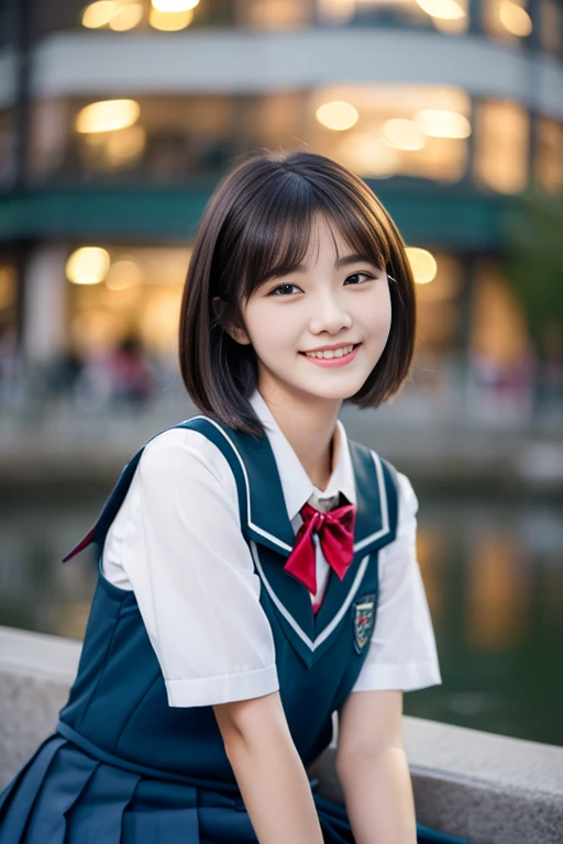 (((full bodyesbian)))、((Girls' High School Uniforms))、((１a person))、short ponytail hair、short bob hair、Close to the subject、((Han River))、(((smile)))、(((Girls' High School)))、((a beauty girl))、((sexy pose))、Photorealsitic、Beautiful detailed eyes、Hyper-Realism、high contrast、Ultra HD、realistic skin textures、Top image quality、top-quality、超A high resolution、Fine details、Very meticulously、well-endowed round bosom, head to knees, bokeh night background 