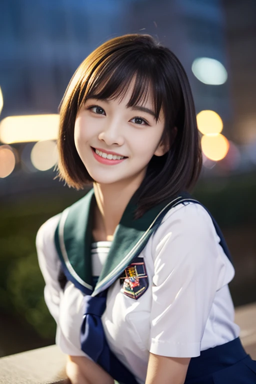 (((full bodyesbian)))、((Girls' High School Uniforms))、((１a person))、short ponytail hair、short bob hair、Close to the subject、((Han River))、(((smile)))、(((Girls' High School)))、((a beauty girl))、((sexy pose))、Photorealsitic、Beautiful detailed eyes、Hyper-Realism、high contrast、Ultra HD、realistic skin textures、Top image quality、top-quality、超A high resolution、Fine details、Very meticulously、well-endowed round bosom, head to knees, bokeh night background 