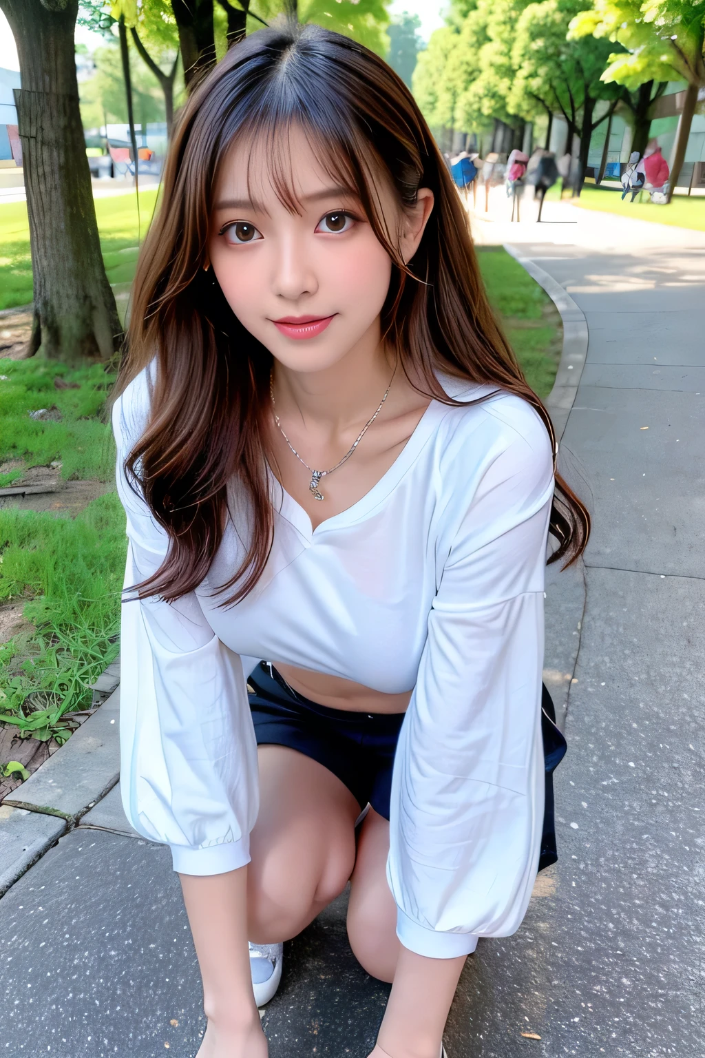 ((Full Body Angle))、((Front hair:1.2))、((Highest quality, 8K, masterpiece: 1.3)), concentrated: 1.2, Cute girl 1,Nipples erect、 Perfect beauty: 1.4,Cut and sewn T-shirt Raglan sleeve summer short sleeve T-shirt.Shorts: 1.2,Long sleeve、Randall Color、comics&Text Graphics、Black ruffle-trimmed drawstring zip blouse,1.1, Highly detailed face and skin textures, Fine grain, double eyelid, whitening skin, ,Highest quality,Ultra-high resolution,you,1 girl,alone,_Shiny_skin,Iris,necklace,((brown_length_Wavy_hair)),(lips)),eyelash,Front hair,deal with,compensate,Shiny,pore,skin,Large Breasts、smiling face、Walking in the park、walk、