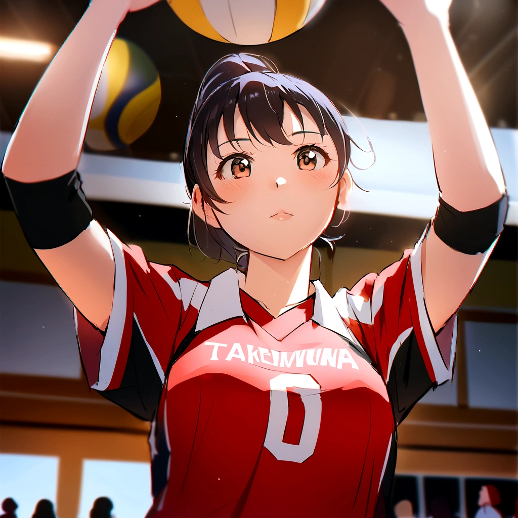 there is a woman that is holding a volleyball ball in her hand, wearing a volleyball jersey, Shot with Sony A7III, kimi takemura, volleyball, chiho ashima, Shot on Sony Alpha 9, akikazu mizuno, harumi, Over the shoulder shot