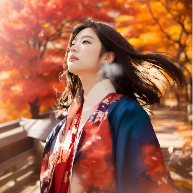 A woman wearing a red jacket is standing in front of a building, Japanese women, Chinese women, Chinese Girl, A mix of anime style and Fujifilm, The wind blows the leaves away, Japanese Model, Young Asian Woman, In kimono, Chinese style, Red kimono, elegant Japanese women, Autumn wind, wear Kimono, Korean women, Live action of a Japanese girl, Japanese Kimono