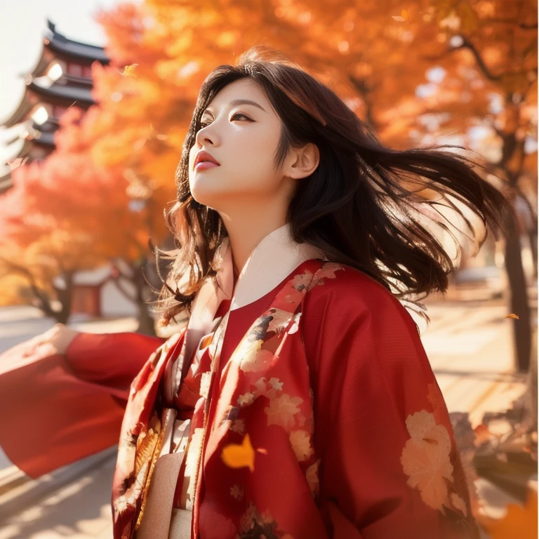 A woman wearing a red jacket is standing in front of a building, Japanese women, Chinese women, Chinese Girl, A mix of anime style and Fujifilm, The wind blows the leaves away, Japanese Model, Young Asian Woman, In kimono, Chinese style, Red kimono, elegant Japanese women, Autumn wind, wear Kimono, Korean women, Live action of a Japanese girl, Japanese Kimono