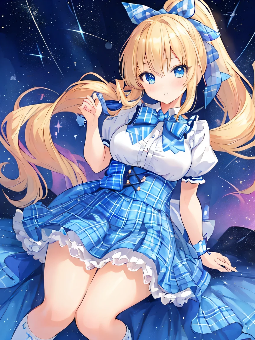 ((masterpiece)), ((best quality)), (ultra-detailed), ((kawaii)), cute, (lovely), illustration, anime style, full body, full body focus, a cute girl, solo, 1girl, Live performance venue, idol outfit, blond ponytail, big blue ribbon, tsundere, tight eyes, confident expression, a little bit gal, American girl, blue eyes, age15, Blonde hair, tied on one side of the head, hanging down loosely with a large blue ribbon at the knot. A faint stardust effect emanating from the hair. A tsundere personality with a confident and bold expression. Eyes like shining jewels, blue in color. Slightly gal-style, an American girl. (Tartan plaid ribbon:1.3), short sleeves, Fantasy-style background.