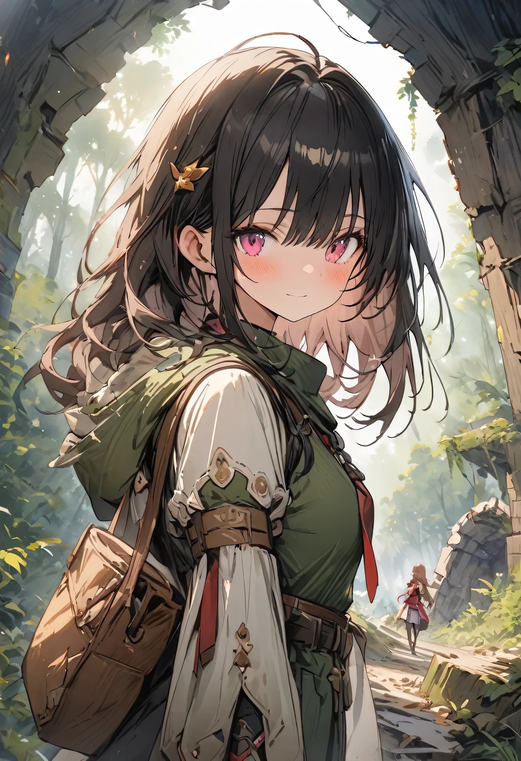 (masterpiece, best quality, highly detailed, absurdres:1.3), (1girl, cute girl, she is fantasy world adventure:1.3), holding a ruck, longpants, (fantastic illustration, beautiful detail, best quality, top quality, fain touch outline:1.3), (background Ruins in the forest, Ruins buried in the forest:1.5), watercolor, clear, tangle, beautiful scenery