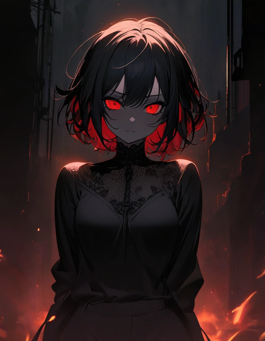 (dark art), insect girl, short stature, dividing lines on body, elegance, dark black skin, black skin, dark skin, yellow eyes, black sclera, long black hair, cold lighting, (dark lighting), many shadows, cold lights