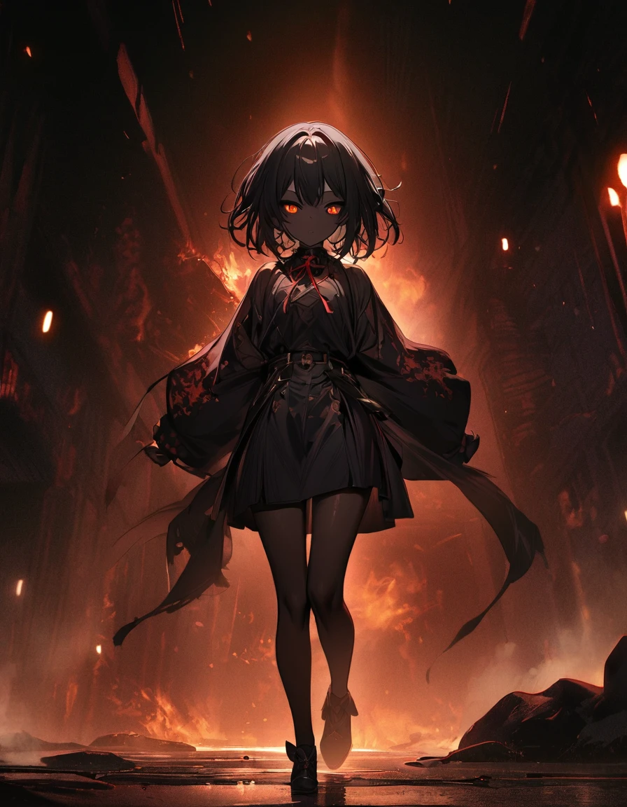 (dark art), insect girl, short stature, dividing lines on body, elegance, dark black skin, black skin, dark skin, yellow eyes, black sclera, long black hair, cold lighting, (dark lighting), many shadows, cold lights