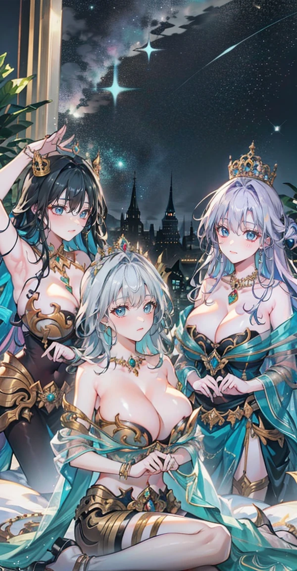 Group of 5 princesses,(6 young women,many young women), (in the bedroom), Various hair styles, harem,(shiny armor, Beautiful crowns and jewelry,crystal filigree jewelry), at night, detailed face, big breasts,Breast curtain, long skirt, mule, Sleeveless , Show your armpits, at night, starry at night,(large areolae:1.4,pink,The nipples are clearly visible....),white hair,green hair,ผมpink่,gray hair,purple hair