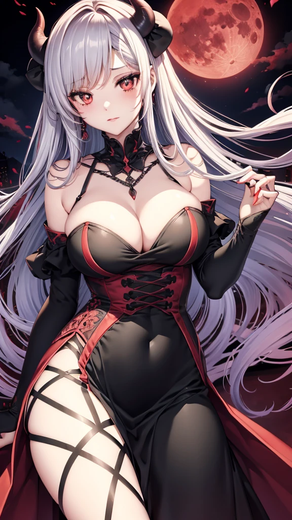 demon, long hair, blush, red moon, large breasts, gothic dress, mature female