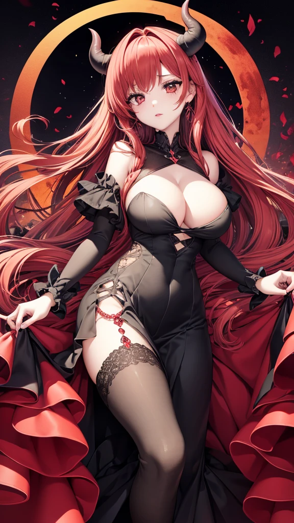 demon, long hair, blush, red moon, large breasts, gothic dress, mature female