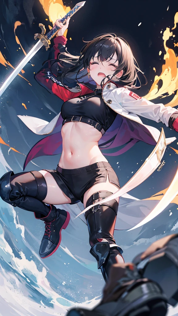 Girl, Navel exposed,  Wearing calf-length socks and boots, Holding a sword, Being attacked by enemies, He closes his eyes in pain and cries, Wearing a jacket