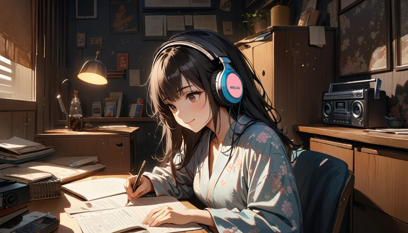 ((8k of extremely detailed CG unit, Masterpiece, high resolution, highest quality, highest quality real texture skin)), (((Japanese patterned pajamas))), (((Cute room))), (((Japanese style headphones))), (((iced coffee))), (((Smiling and studying at a desk))), ((1 girl)), (Black hair, messy hair, beige skin), (Surreal, digital painting), (((Warm lighting))), (((Dimly lit room))), (((Boombox)))
