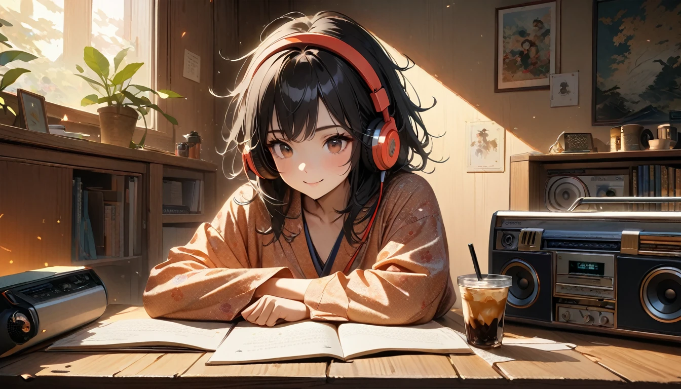 ((8k of extremely detailed CG unit, Masterpiece, high resolution, highest quality, highest quality real texture skin)), (((Japanese patterned pajamas))), (((Cute room))), (((Japanese style headphones))), (((iced coffee))), (((Smiling and studying at a desk))), ((1 girl)), (Black hair, messy hair, beige skin), (Surreal, digital painting), (((Warm lighting))), (((Dimly lit room))), (((Boombox)))