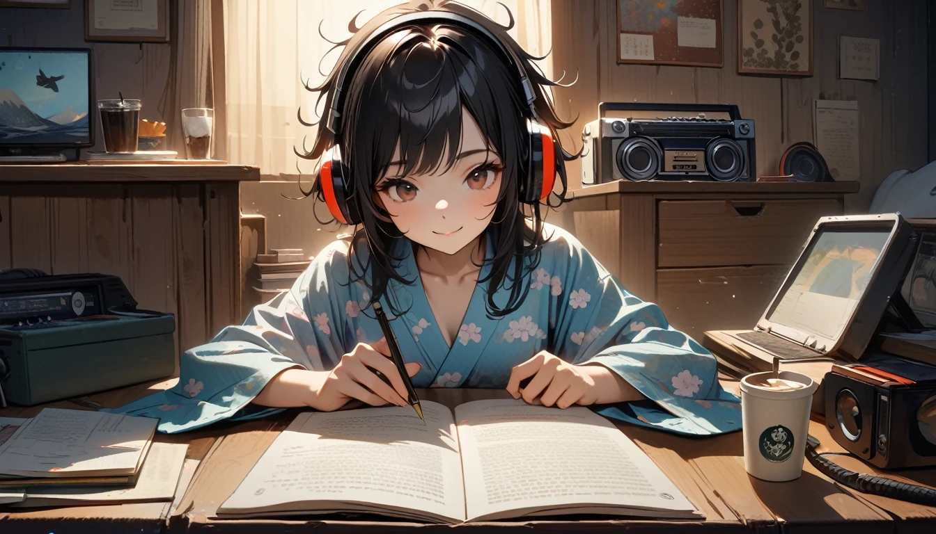 ((8k of extremely detailed CG unit, Masterpiece, high resolution, highest quality, highest quality real texture skin)), (((Japanese patterned pajamas))), (((Cute room))), (((Japanese style headphones))), (((iced coffee))), (((Smiling and studying at a desk))), ((1 girl)), (Black hair, messy hair, beige skin), (Surreal, digital painting), (((Warm lighting))), (((Dimly lit room))), (((Boombox)))