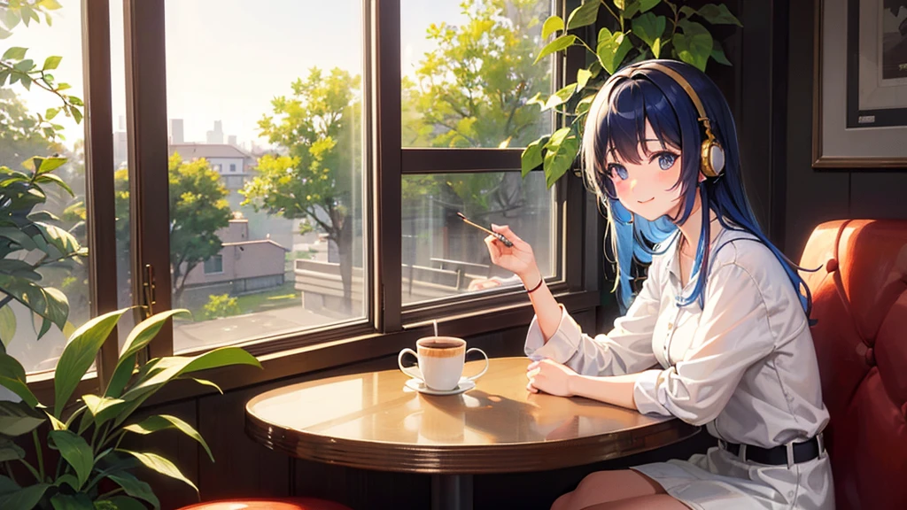 A smiling girl, listening to music with headphones, is turned to the side while drinking coffee in a cafe. There's a straw on the table, and sunlight streams through the window, creating a warm and cozy atmosphere. The space is filled with a floral aesthetic and pastel colors, looking like a slice of everyday life. She enjoys a quiet morning, with the aroma wafting from a latte with elegant latte art. The scene has a bokeh effect, and potted plants and cherry trees can be seen. Her cheeks are red, and she has blue hair with a wave motif pattern, pondering something with a gentle and delicate expression.