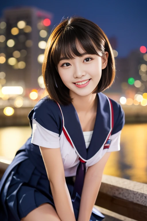 (((full bodyesbian)))、((Girls' High School Uniforms))、((１a person))、short ponytail hair、short bob hair、Close to the subject、((Han River))、(((smile)))、(((Girls' High School)))、((a beauty girl))、((sexy pose))、Photorealsitic、Beautiful detailed eyes、Hyper-Realism、high contrast、Ultra HD、realistic skin textures、Top image quality、top-quality、超A high resolution、Fine details、Very meticulously、well-endowed round bosom, head to knees, bokeh night background 