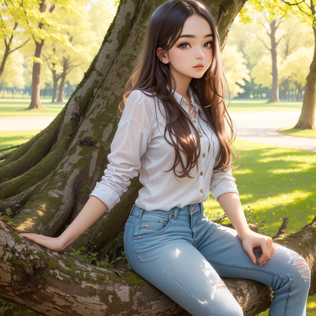 arafed girl sitting auf einem Baum branch in einem Park, gorgeous young model, neben einem Baum, Junge ager, in einem Baum, sitting auf einem Baum, sweet young girl, sitting in einem Baum, unter einem Baum sitzen, Anna Nikonova alias Newmilky, auf einem Baum, in einem Park, Casual pose, young and sweet girl, im Park