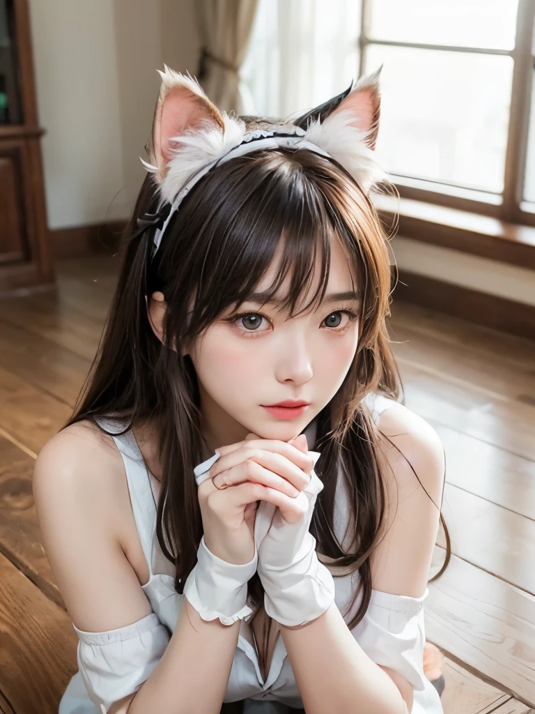 (Close-up:1.4)、(RAW shooting:1.2)、(Photorealistic:1.4)、(masterpiece:1.3)、(Highest quality:1.4)、One Girl、(Slender and beautiful girl)、(Big ample breasts:1.2)、Fluffy breasts、Beautiful breasts、(Cleavage)、(Erect nipples:1.2)、Spread your legs、(Full Body Shot)、From above、In 8K、(Tabletop:1.2)、(ribbon、Knee-high socks:1.3)、Look at the viewers、blush、Kneel、Look up、ribbonボンデージ、(Beautiful Hands)、(Beautiful thighs)、cute、cute、(White cat ears hair accessory:1.2)、(Brown long hair、bangs)