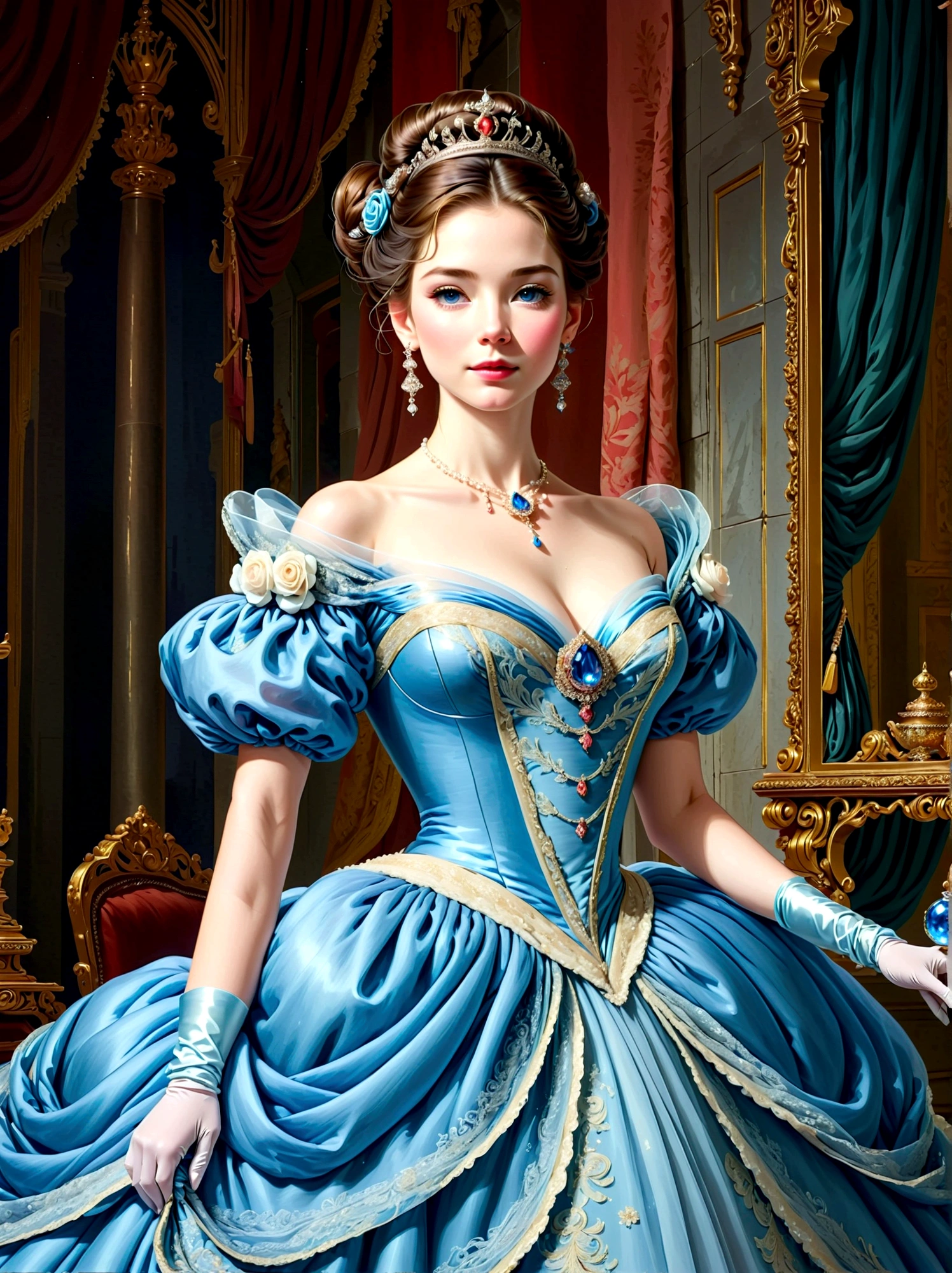 ((masterpiece))，Best quality，absurd，Ultra Detailed，holographic，Golden Ratio，Super cute and beautiful Asian idol girl，Very beautiful violet bright eyes，Beautiful colorful shiny brown hair，High Ponytail，good body shape，fit，Perfect body，(Wear a stately and exquisite royal Cinderella court gown:1.5)，With huge puff sleeves and hourglass waist，adorned with bows，Embroidery and jewelry，Long white gloves，pearl necklace and earrings，Beautiful hair accessories，Dark theme elements, Pencil Sketch