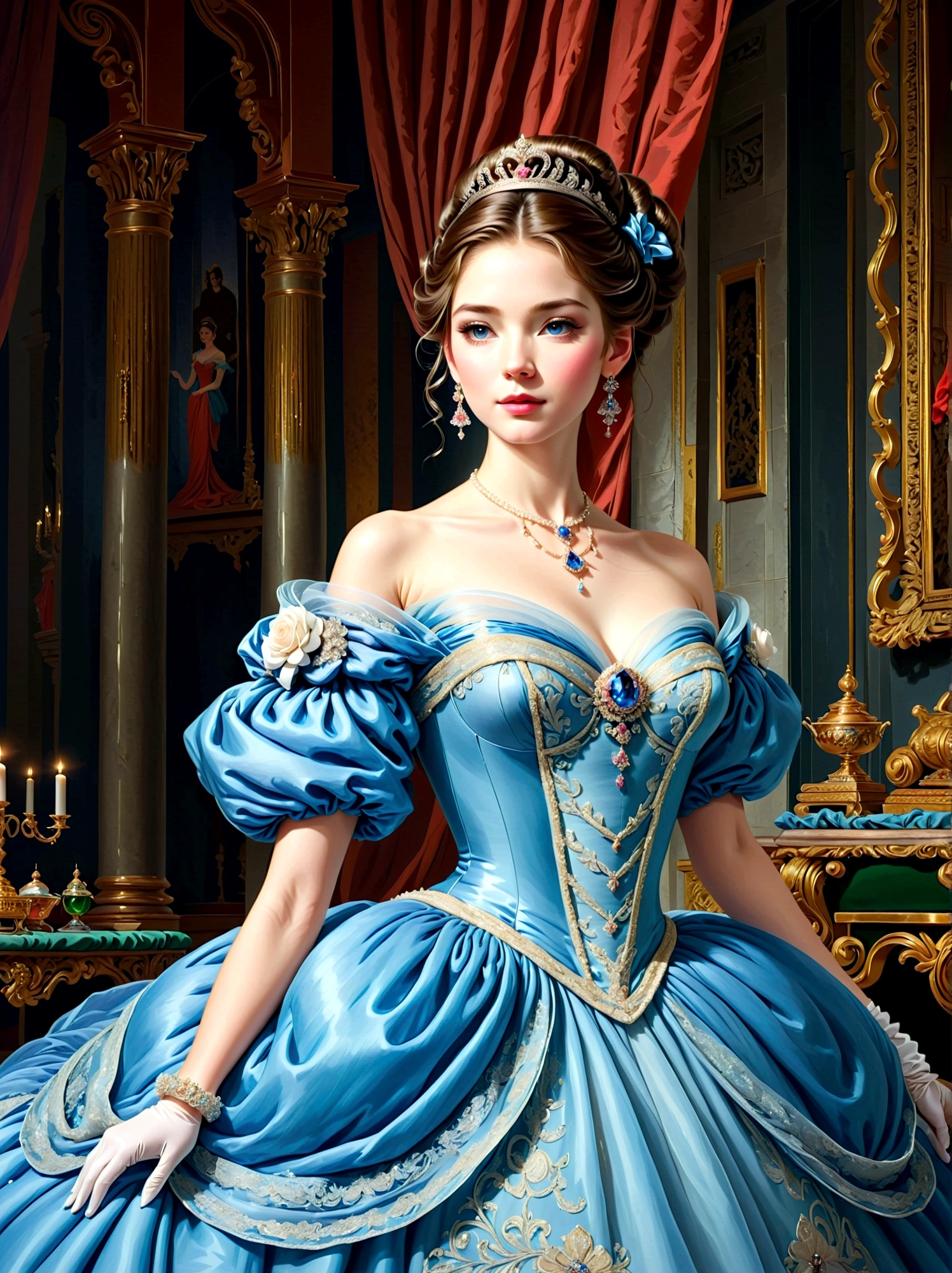 ((masterpiece))，Best quality，absurd，Ultra Detailed，holographic，Golden Ratio，Super cute and beautiful Asian idol girl，Very beautiful violet bright eyes，Beautiful colorful shiny brown hair，High Ponytail，good body shape，fit，Perfect body，(Wear a stately and exquisite royal Cinderella court gown:1.5)，With huge puff sleeves and hourglass waist，adorned with bows，Embroidery and jewelry，Long white gloves，pearl necklace and earrings，Beautiful hair accessories，Dark theme elements, Pencil Sketch