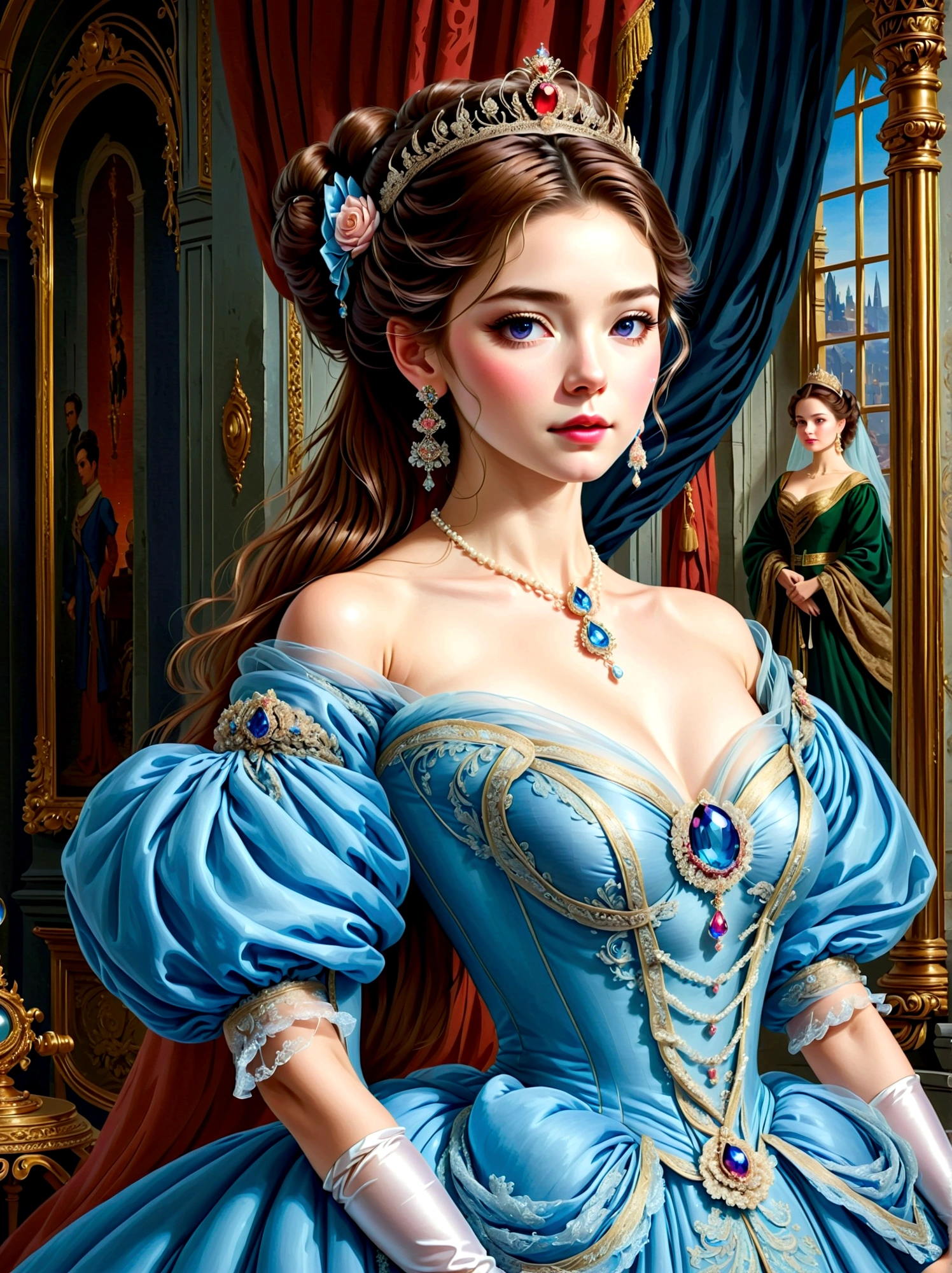 ((masterpiece))，Best quality，absurd，Ultra Detailed，holographic，Golden Ratio，Super cute and beautiful Asian idol girl，Very beautiful violet bright eyes，Beautiful colorful shiny brown hair，High Ponytail，good body shape，fit，Perfect body，(Wear a stately and exquisite royal Cinderella court gown:1.5)，With huge puff sleeves and hourglass waist，adorned with bows，Embroidery and jewelry，Long white gloves，pearl necklace and earrings，Beautiful hair accessories，Dark theme elements, Pencil Sketch