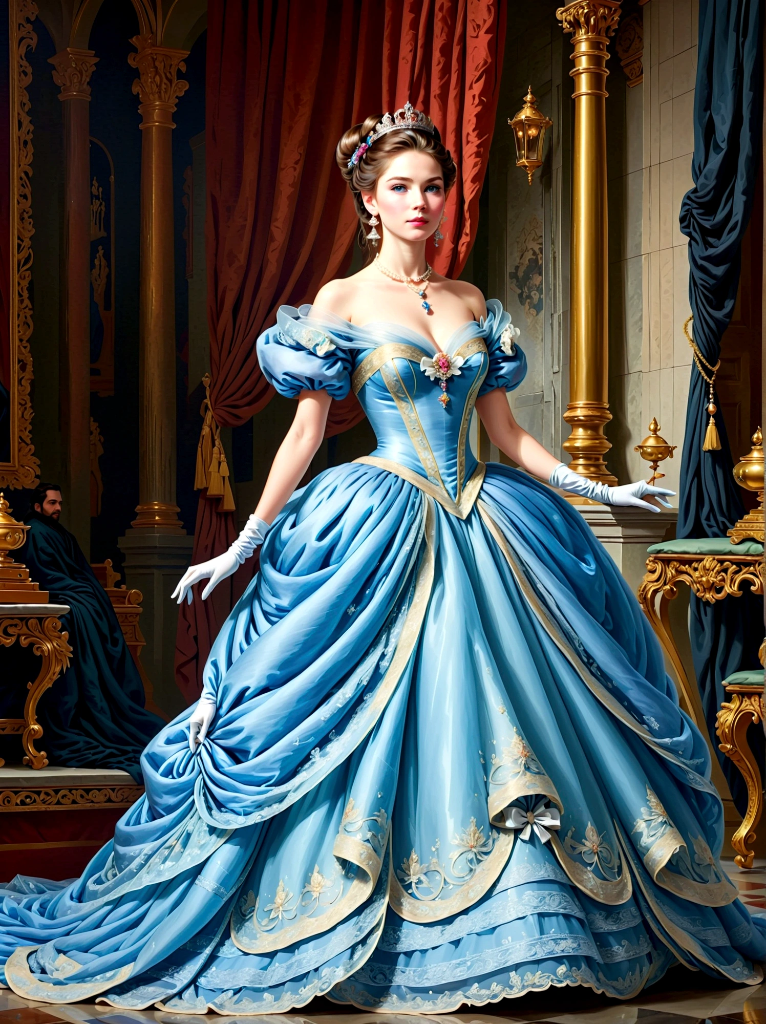 ((masterpiece))，Best quality，absurd，Ultra Detailed，holographic，Golden Ratio，Super cute and beautiful Asian idol girl，Very beautiful violet bright eyes，Beautiful colorful shiny brown hair，High Ponytail，good body shape，fit，Perfect body，(Wear a stately and exquisite royal Cinderella court gown:1.5)，With huge puff sleeves and hourglass waist，adorned with bows，Embroidery and jewelry，Long white gloves，pearl necklace and earrings，Beautiful hair accessories，Dark theme elements, Pencil Sketch