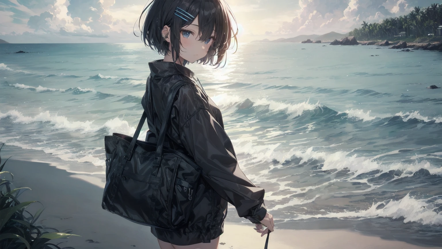 Highest quality, Anime Moe Art Style,Best Anime 8K Konachan Wallpaper,pixiv Contest Winner,Perfect Anatomy, break,(Please draw a picture of a girl in a 水着 walking on the beach.),break, One is an unlucky beautiful girl.,(alone,On top of that,,:1.3),,Complete limbs, Full Finger,  short hair,おでこを出したshort hair,Bob Hair, amount, (Hair on one eye:1.4),Small breasts, Small Ass, Beautiful attention to detail, Well-proportioned pupils,Between the legs, Wet, Shiny skin, Cowboy Shot, Hair Clip, White swimsuit, At the Beach.break,Very detailed,High resolution,Very detailed肌, 
Optimal lighting with AI, shape,