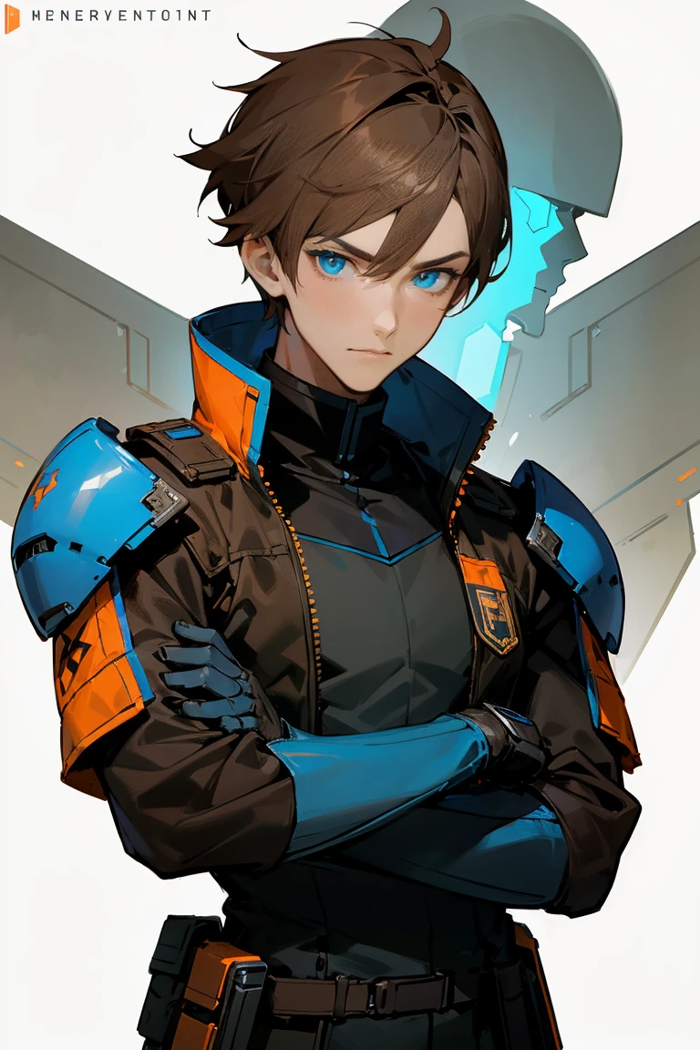a handsome, tall,  young  man with blue eyes, brown short hair, wears a blue, black, white and orange lined cyberpunk soldier armor, he wears a brown combat jacket over, white background, armor pads, arms crossed,  skimpy male armor