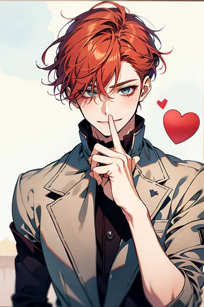 red hair,short hair,clear line drawing, transparent watercolor, clear shading, beautiful young man, slim,finger heart, Fashionable everyday wear, convey love, inner strength, loves it,high quality, Amount to draw, pixiv illustration,smile, {{{man make heart symbol with fingers,make heart symbol with index fingers and middle fingers}}},beautiful fingers,beautiful hands,fingertip