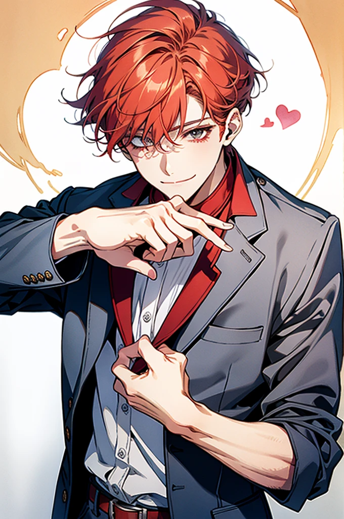 red hair,short hair,clear line drawing, transparent watercolor, clear shading, beautiful young man, slim,finger heart, Fashionable everyday wear, convey love, inner strength, loves it,high quality, Amount to draw, pixiv illustration,smile, {{{man make heart symbol with fingers,make heart symbol with index fingers and middle fingers}}},beautiful fingers,beautiful hands,fingertip