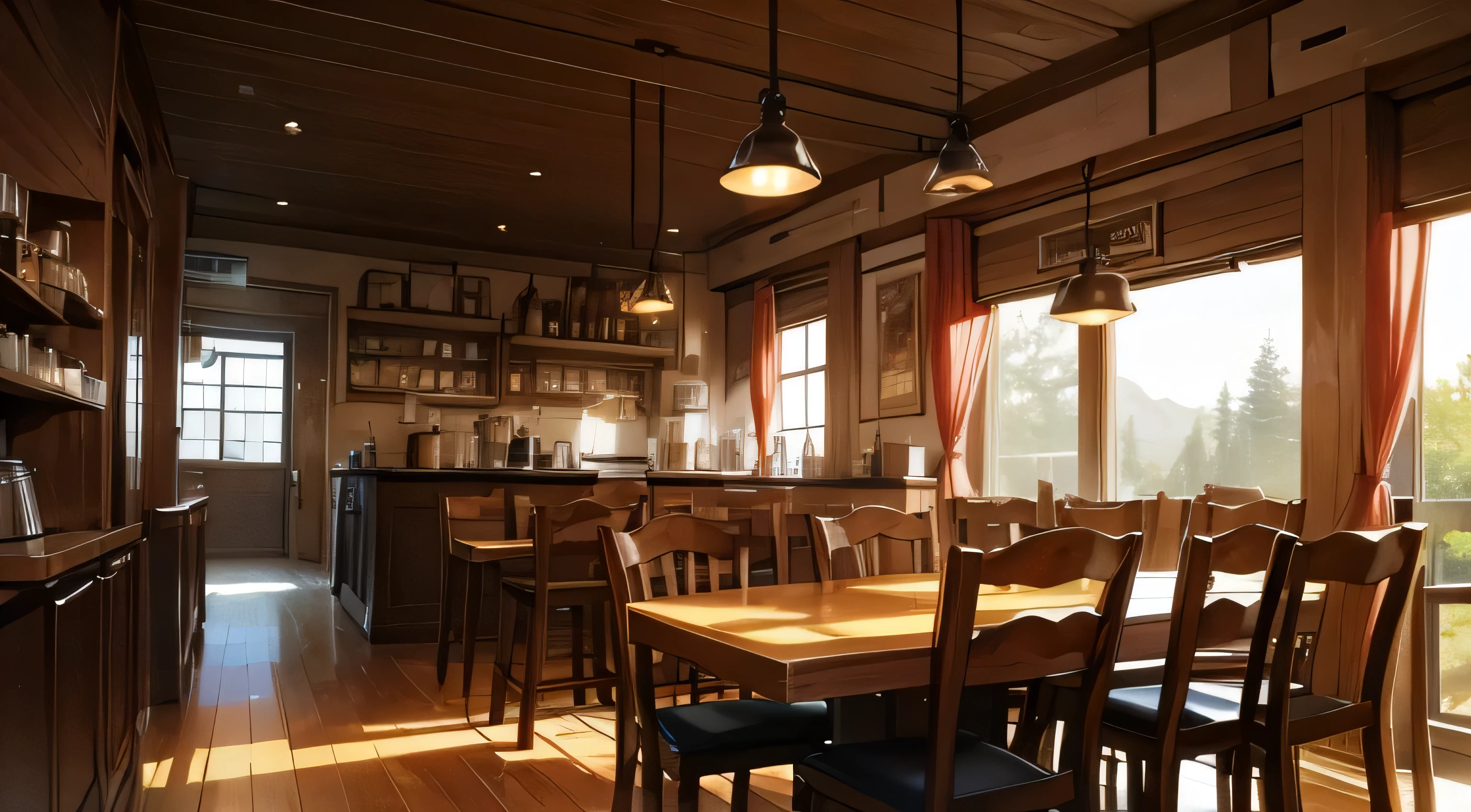 Coffee is served in an empty Western-style cafe