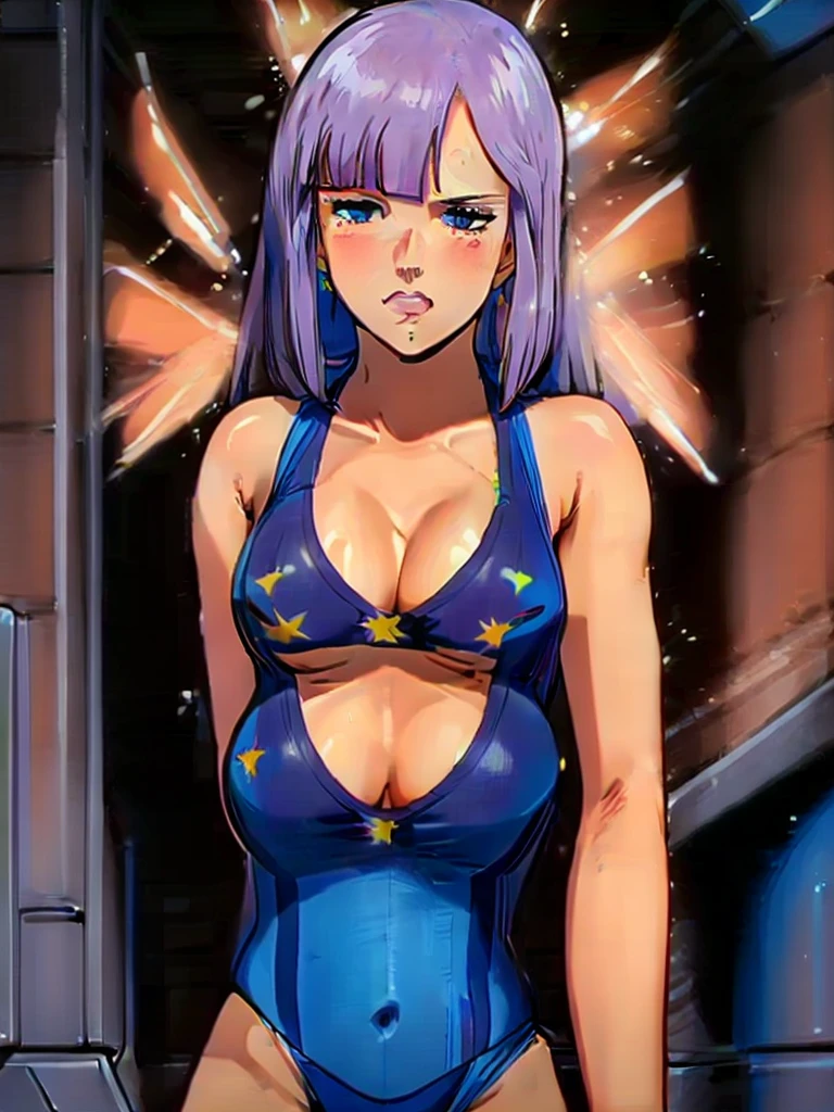 masterpiece, ultra-detailed, best quality, extremely detailed, 8k, high res, realistic, 1girl, 18yo, beautiful girl,BREAK,(blush:1.5),(Cleavage,Areola:1.6),BREAK,(A blue one-piece swimsuit with a shooting star mark on the chest,:1.5),