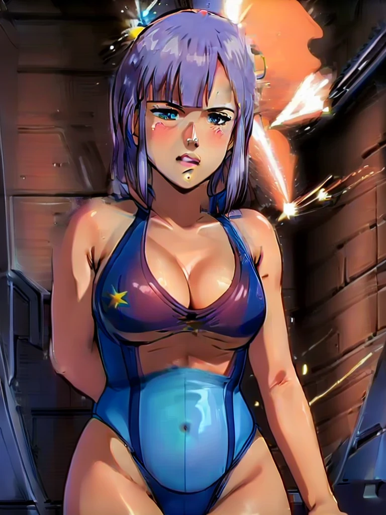 masterpiece, ultra-detailed, best quality, extremely detailed, 8k, high res, realistic, 1girl, 18yo, beautiful girl,BREAK,(blush:1.5),(Cleavage,Areola:1.6),BREAK,(A blue one-piece swimsuit with a shooting star mark on the chest,:1.5),