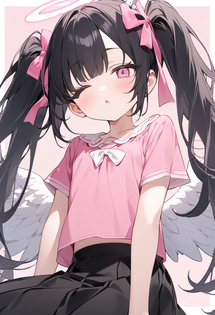 Pink eyes with black eyelashes。Half eyes closed。Black hair in twin tails with pink ribbon。A white angel halo on his head。Pink top and black skirt.。